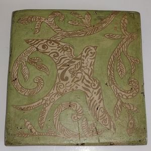 Kate McRostie hand-painted tile wall hanging with bird in sage green